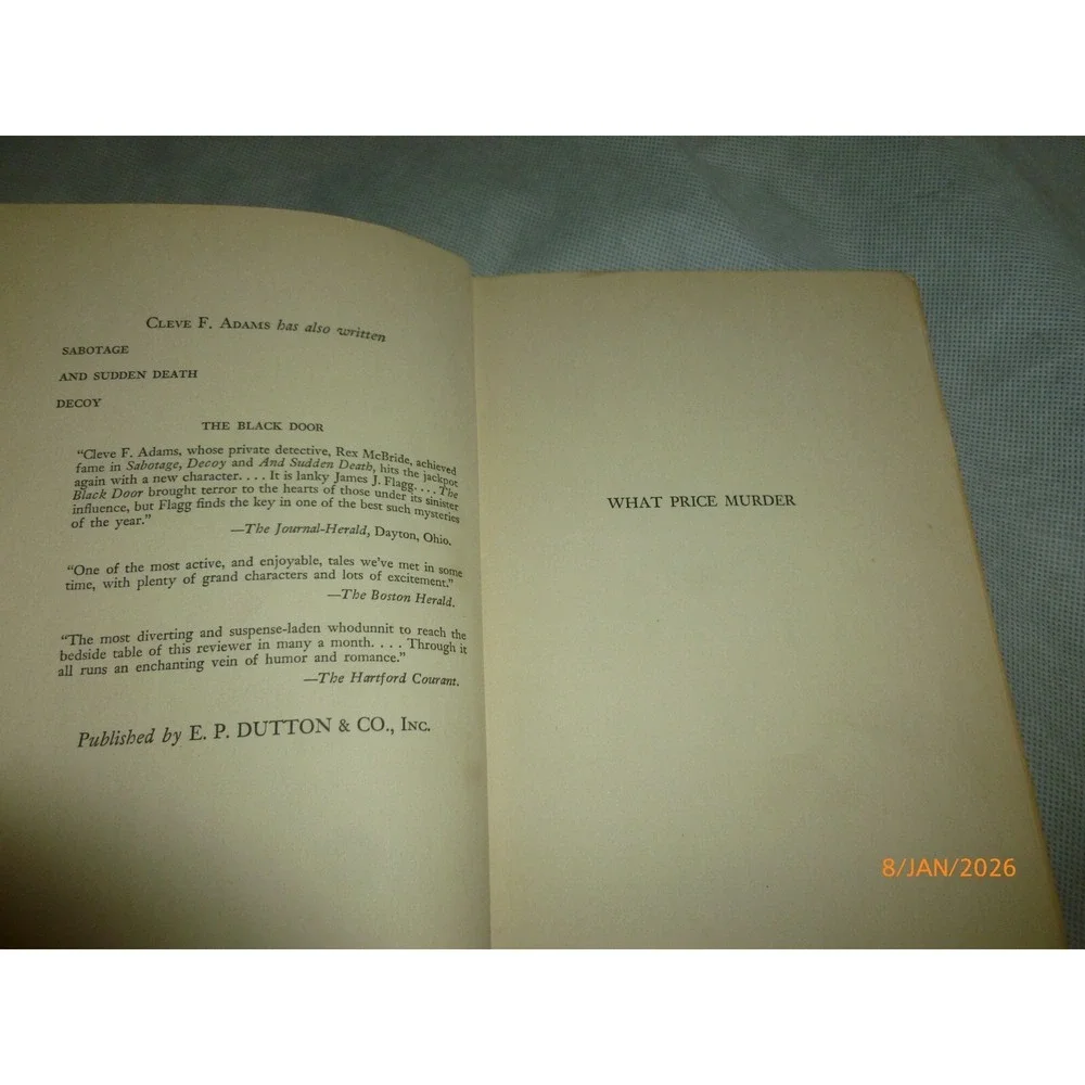 What Price Murder Cleve F Adams 1942 First Edition Hardcover EP Dutton Mystery